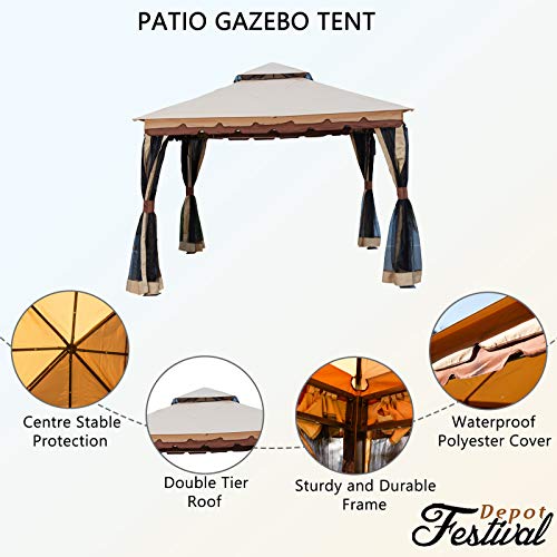 Festival Depot 9.8' 2-Tier Patio Canopy Gazebo Tent Shelter with Mosquito Netting Curtains Shade and Rain, Waterproof Soft Top Metal Frame for Lawn Garden Deck Pool Backyard (Beige)