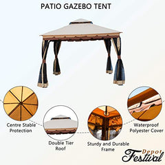 Festival Depot 9.8' 2-Tier Patio Canopy Gazebo Tent Shelter with Mosquito Netting Curtains Shade and Rain, Waterproof Soft Top Metal Frame for Lawn Garden Deck Pool Backyard (Beige)