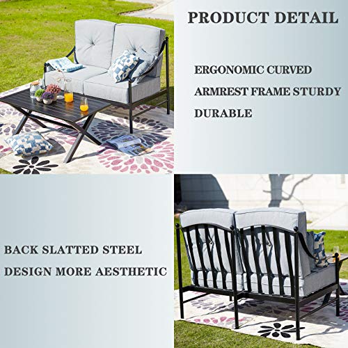 Festival Depot 2pcs Outdoor Furniture Patio Conversation Set Metal X Shaped Legs Coffee Table Loveseat Armchairs with Seat and Back Cushions Without Pillows for Lawn Beach Backyard Pool, Grey