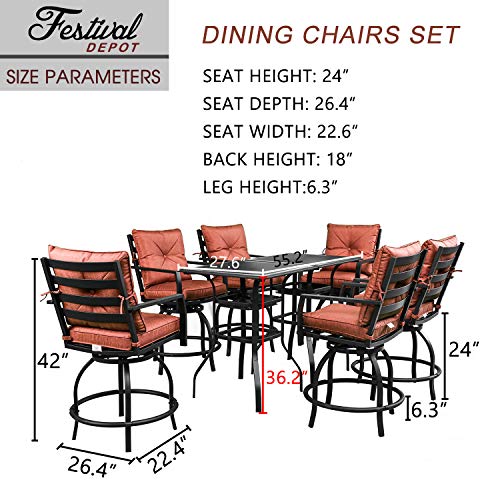 Festival Depot 9pcs Bar Bistro Outdoor Patio Furniture Set High Stool 360° Swivel Armrest Chairs with Soft&Comfort Cushions Square Tempered Glass Top Table Metal Steel Frame Leg All-Weather