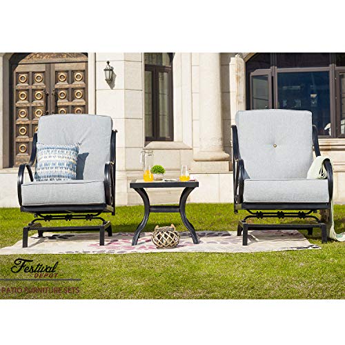 Festival Depot 3-Piece Bistro Outdoor Patio Furniture Sets Square Metal Ceramic Top Coffee Table Slatted Steel Frame Armrest Chairs with Curved Armrest with 5.9''Thick Soft Cushions Garden Porch,Gray