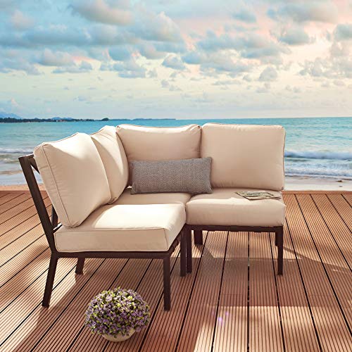 Festival Depot 3 Pieces Patio Sectional Corner Sofa Set Outdoor All-Weather Metal Chairs with Seating Back Cushions Garden Poolside(Beige)