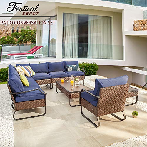 Festival Depot 10 Pcs Patio Conversation Sets Outdoor Furniture Sectional Corner Sofa with All-Weather PE Rattan Wicker Chair Coffee Table and Thick Soft Removable Couch Cushions (Blue) 