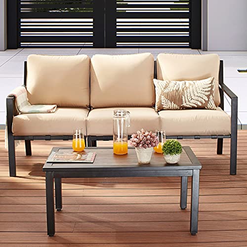 Festival Depot 4 Pieces Patio Furniture Set All-Weather Polyester Fabrics Metal Frame Sofa Outdoor Conversation Set Sectional Corner Couch with Cushions & Coffee Table for Deck Poolside Balcony(Beige)