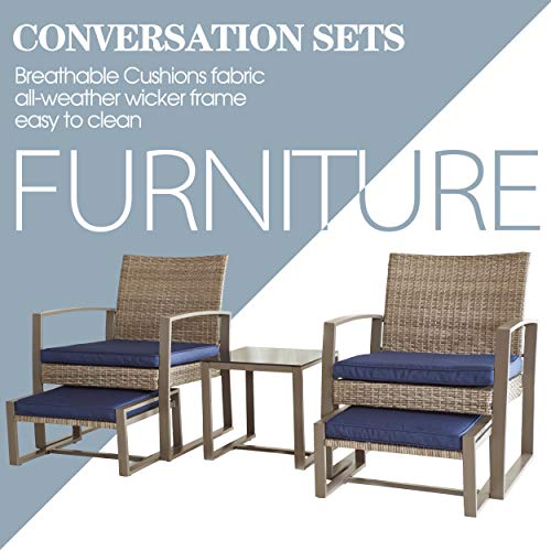 Festival Depot 5 PC Outdoor Patio Conversation Set Chairs Cushions Ottomans Set with Coffee Square Table Metal Frame Furniture Garden Bistro Poolside Deck Garden Blue Cushion