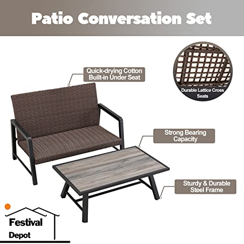 Festival Depot 4Pcs Patio Conversation Set, PE Wicker Bistro Set, All-Weather Outdoor Furniture, with 1 Loveseat 2 Armchair and 1 DPC Coffee Table for Backyard Porch Lawn Deck Garden