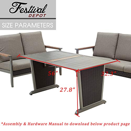 Festival Depot Patio Dining Table Rectangle Wicker Table in Metal Frame with Woven Rattan Outdoor Furniture for Pool Garden Deck
