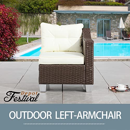 Festival Depot Patio Rattan Wicker Single Sofa Outdoor Sectional Chair with Removable Cushion Metal Frame All Weather Waterproof Furniture Seating for Garden Yard Lawn Pool (Beige)