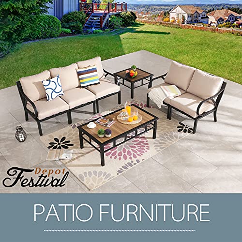 Festival Depot 7Pcs Patio Conversation Set Sectional Chair with Cushions and Side Coffee Table All Weather Outdoor Furniture for Deck Poolside Garden, Beige