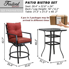 Festival Depot 5 Pcs Outdoor Furniture Bar Stools Set of 4 Swivel Chairs with Cushions and 1 High Bistro Tables with Tempered Glass Tabletop in Metal Frame (Red)