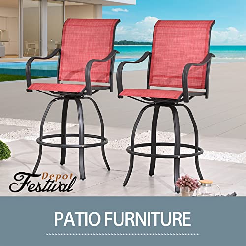 2-Pack Red Counter Bar Height Textilene Swivel Stool Armrests Dining Chairs for Outdoor Bistro Elegance 