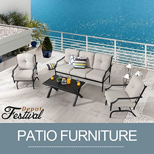 Festival Depot 4 Pieces Patio Conversation Set Outdoor Furniture Set (3-Seats Loveseat, 2 Armchairs and 1 Coffee Table) with Metal Frame and Cushions for Garden Poolside Backyard Deck