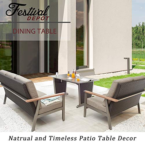 Festival Depot Patio Dining Table Rectangle Wicker Table in Metal Frame with Woven Rattan Outdoor Furniture for Pool Garden Deck