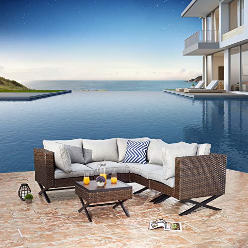Festival Depot 6pcs Outdoor Furniture Patio Conversation Set Sectional Corner Sofa Chairs with X Shaped Metal Leg All Weather Brown Rattan Wicker Side Coffee Table with Grey Thick Seat Back Cushions