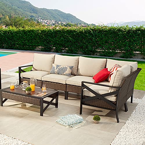 Festival Depot 6 Pieces Patio Furniture Set All-Weather Rattan Wicker Metal Frame Sofa Chair Outdoor Conversation Set Sectional Corner Couch with Cushions and Coffee Table for Deck Poolside