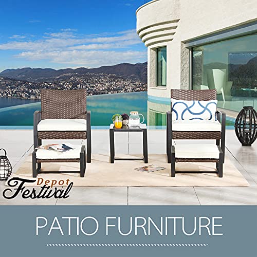 Festival Depot 5 Pieces Outdoor Furniture Patio All-Weather Rattan Conversation Set Armchair, Ottoman with Cushions and Coffee Table with Glass and Metal Frame for Garden Deck Poolside Balcony