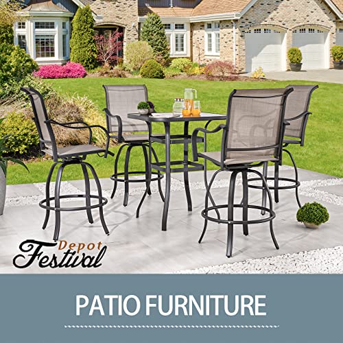 Festival Depot 5 Pcs Patio Bistro Set 360° Swivel Chairs and Bar Height Table with Tempered Glass Top Outdoor Furniture Dining Set (4 Chairs,1 Table) (Grey) 