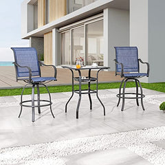 Festival Depot 3 Pcs Patio Bistro Bar Set High Stools Outdoor Furniture with 360° Swivel Armrest Chairs, Coffee Table with Tempered Glass Desktop, Metal Frame for Deck Poolside Garden Porch