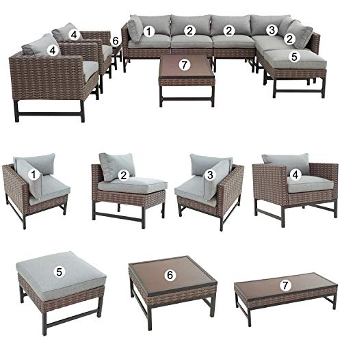 Festival Depot 10 Pieces Patio Conversation Set Combination Sectional Corner Sofa Set Outdoor Furniture Chairs with Cushions Side Coffee Table Ottoman, Gray