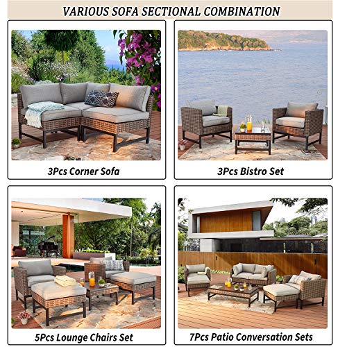 Festival Depot 5 Pieces Patio Outdoor Conversation Set Wicker Sofa Chairs with Seating Back Cushions Metal Side Coffee Table Garden (Gray)