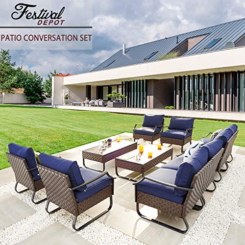 Festival Depot 10 Pcs Outdoor Furniture Patio Conversation Sets Sectional Sofa Loveseat with All-Weather PE Rattan Wicker Armchair,Coffee Table and Soft Removable Couch Cushions (Blue)