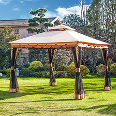 Festival Depot 9.8' 2-Tier Patio Canopy Gazebo Tent Shelter with Mosquito Netting Curtains Shade and Rain, Waterproof Soft Top Metal Frame for Lawn Garden Deck Pool Backyard (Beige)