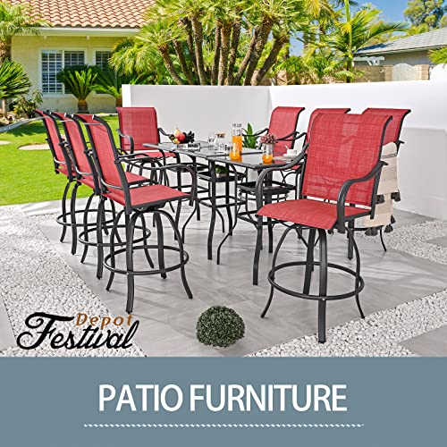 Festival Depot 3 Pcs Patio Bistro Bar Set High Stools Outdoor Furniture with 360° Swivel Armrest Chairs, Coffee Table with Tempered Glass Desktop, Metal Frame for Deck Poolside Garden Porch