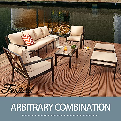 Festival Depot 7 Pieces Patio Furniture Set All-Weather Polyester Fabrics Metal Frame Sofa Outdoor Conversation Sectional Set Armrest Chair with Cushion & Coffee Table for Deck Poolside Balcony(Beige)