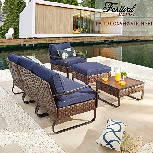 Festival Depot 6-Piece Patio Furniture Armchair Conversation Set Outdoor All-Weather Metal Chairs with Coffee Table and Ottoman for Porch Lawn Garden Balcony Pool Backyard, Soft Blue Cushions 