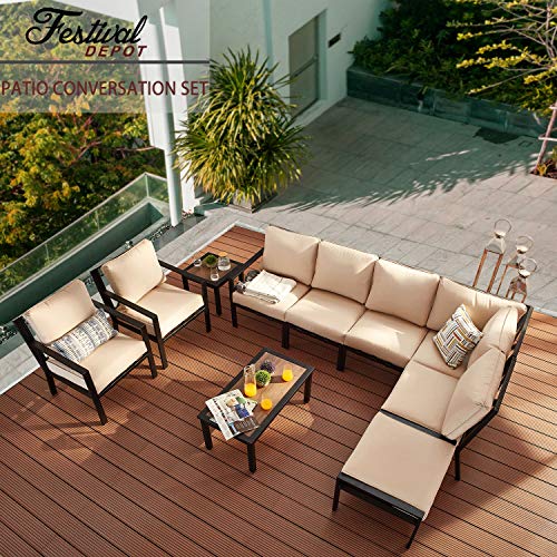 Festival Depot 10-Pieces Patio Outdoor Furniture Conversation Sets Sectional Corner Sofa, All-Weather Black X Slatted Back Armchairs with Coffee Table and Thick Removable Couch Cushions (Beige) 