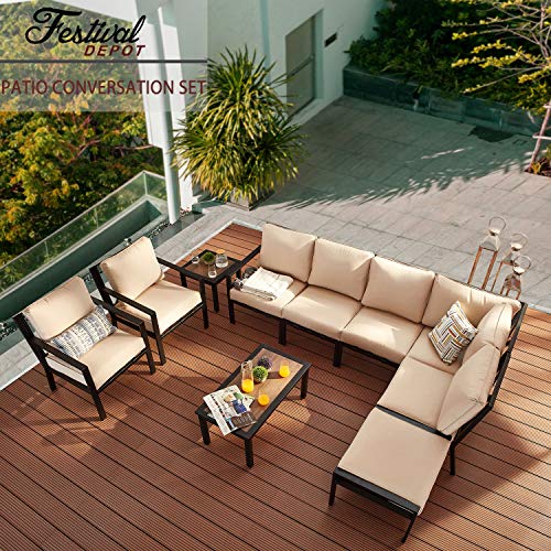 Festival Depot 10-Pieces Patio Outdoor Furniture Conversation Sets Sectional Corner Sofa, All-Weather Black X Slatted Back Armchairs with Coffee Table and Thick Removable Couch Cushions (Beige)