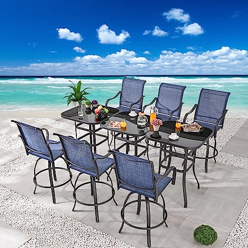 Festival Depot 9 Pcs Patio Dining Set Bar Height Stools Swivel Bistro Chairs with Armrest and Tempered Glass Top Table Metal Outdoor Furniture for Yard (Blue)