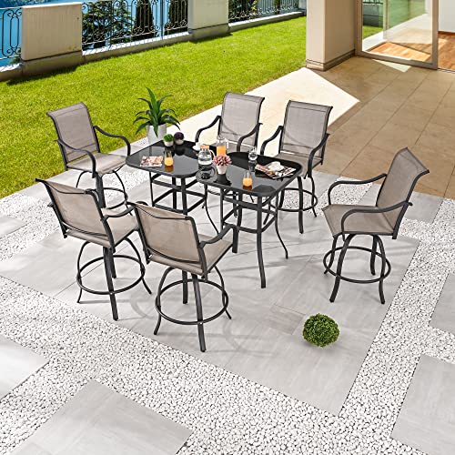 Festival Depot 8pcs Outdoor Patio Dining Furniture Sets Bar Bistro High Stools 360° Swivel Chairs with Slatted Steel Curved Armrest Coffee Table Tempered Glass Desktop (6 Chairs,2 Table) 
