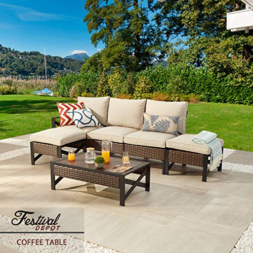 Festival Depot Coffee Outdoor Dining Furniture Bistro Side Patio Table Rectangle Wicker Rattan Wood Grain Desktop with Side X Shaped Slatted Steel Legs Garden All Weather 38.2"(L) x 21.7"(W) x 13"(H) 