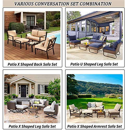 Festival Depot 6-Piece Patio Furniture Armchair Conversation Set Outdoor All-Weather Metal Chairs with Coffee Table and Ottoman for Porch Lawn Garden Balcony Pool Backyard, Thick Blue Cushions, Brown