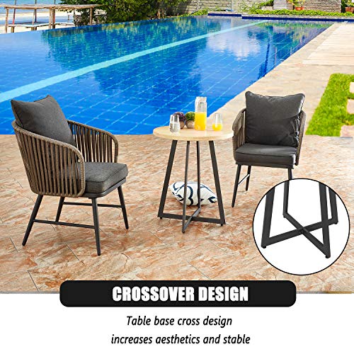 Festival Depot 3 Pieces Patio Furniture Outdoor Bistro Set Iron Desktop Wood Grain Circle Coffee Side Table Slatted Steel Frame