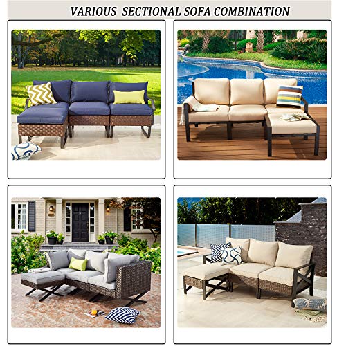 Festival Depot 4-Piece Patio Conversation Set Sectional Corner Sofa Combination Outdoor All-Weather Wicker Metal Armless Chairs for Porch Lawn Garden Balcony Pool Backyard, Brown 