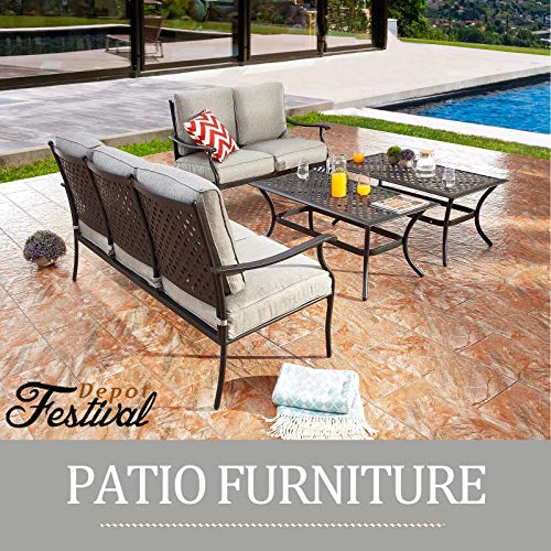 Festival Depot 4-Piece Outdoor Furniture Patio Conversation Set All Weather Black Metal Armchair Loveseat with Seat and Back Cushions, 3-Seating Chair, Rectangle Coffee Tables for Deck Lawn Garden 