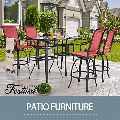 Festival Depot 6-Piece Bar Bistro Patio Outdoor Dining Furniture Sets High Stools 360° Swivel Chairs with Slatted Steel Curved Armrest Square Coffee Side Table Tempered Glass Desktop 