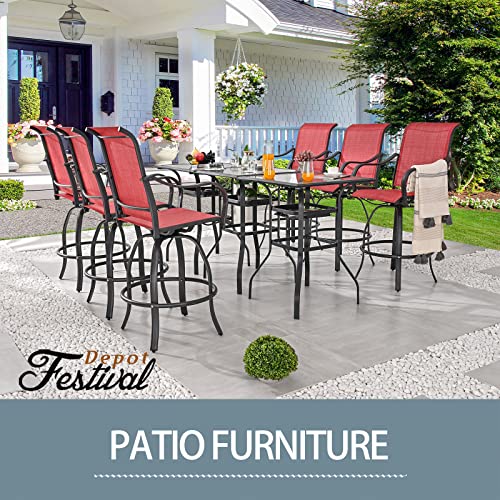 Festival Depot 3 Pcs Patio Bistro Bar Set High Stools Outdoor Furniture with 360° Swivel Armrest Chairs, Coffee Table with Tempered Glass Desktop, Metal Frame for Deck Poolside Garden Porch
