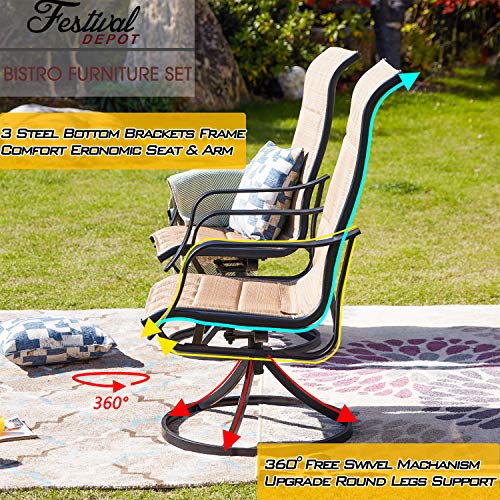 Stylish 3-Piece Outdoor 360° Swivel Armrests Dining Chairs Set with High Back Textilene Fabric and Square Coffee Table