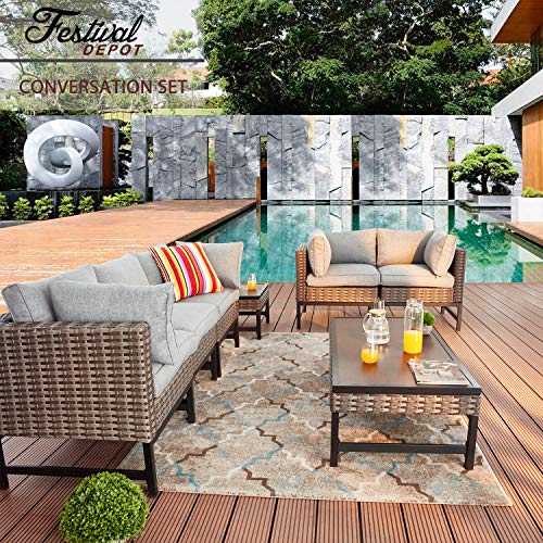 Festival Depot 7 Pcs Patio Conversation Set Sectional Chair Wicker Sofa Couch with Thick Cushions and Coffee Tables All Weather Outdoor Furniture for (Grey) 