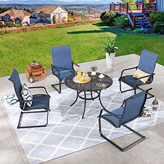 Festival Depot 5 Pieces Patio Dining Set of 4 High Back Chairs with Textilene Fabric and 1 Round Wrought Iron Table with 2.04" Umbrella Hole Outdoor Furniture for Backyard Deck Garden