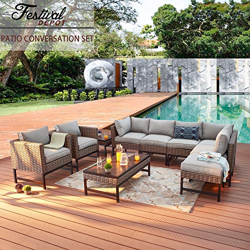 Festival Depot 10 Pieces Patio Conversation Set Combination Sectional Corner Sofa Set Outdoor Furniture Chairs with Cushions Side Coffee Table Ottoman, Gray