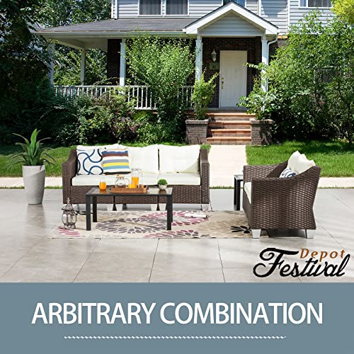 Festival Depot 7 Pcs Patio Conversation Set Outdoor Furniture Combination Sectional Sofa All-Weather PE Wicker Metal Armchairs with Seating Back Cushions Side Coffee Table (Beige) 