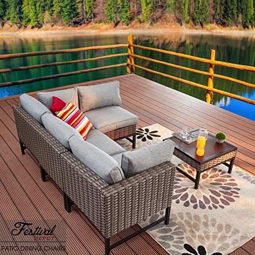 Festival Depot Dining Outdoor Patio Bistro Furniture Right Armrest Chair with Wicker Rattan Armrest Premium Fabric Comfort&Soft 3.1"Cushion with Metal Slatted Steel Leg for Garden Poolside All-Weather