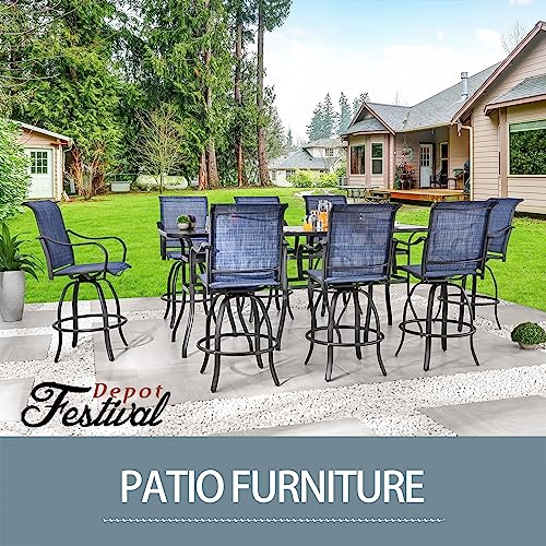 Festival Depot 11 Pcs Patio Dining Set Bar Height Stools Swivel Bistro Chairs with Armrest and Tempered Glass Top Table Metal Outdoor Furniture for Yard (8 Chairs, 3 Table, Blue) 