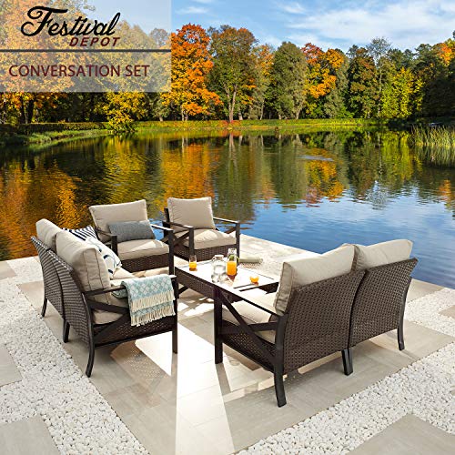 Festival Depot 7 Pcs Patio Outdoor Furniture Loveseat Conversation Set Sectional Sofa with All-Weather Brown Wicker Back Armchair, Coffee Table, Ottoman and Soft Thick Removable Couch Cushions