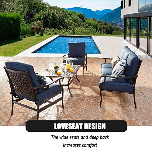 Festival Depot 4 Pcs Conversation Sets 5 Seats Patio Outdoor Arm Chairs Loveseat Set with Coffee Table Fabric Metal Frame Furniture Garden Bistro Seating Thick Soft Cushion, 