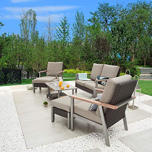 Festival Depot 6pcs Outdoor Furniture Patio Conversation Set Metal Armchair All Weather Rattan Wicker Ottoman Loveseat with Grey Thick Seat Back Cushions and Coffee Table